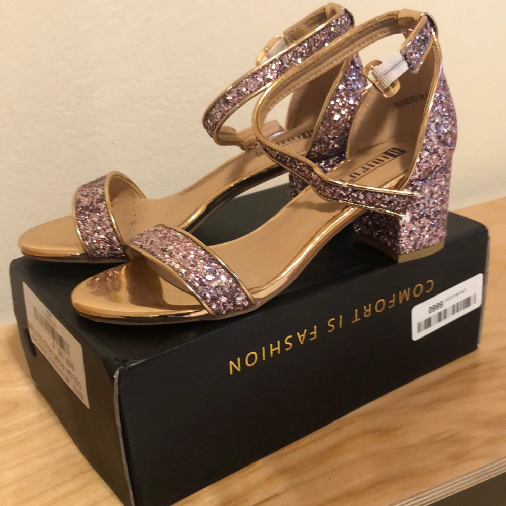 Glittery rose gold block heels.